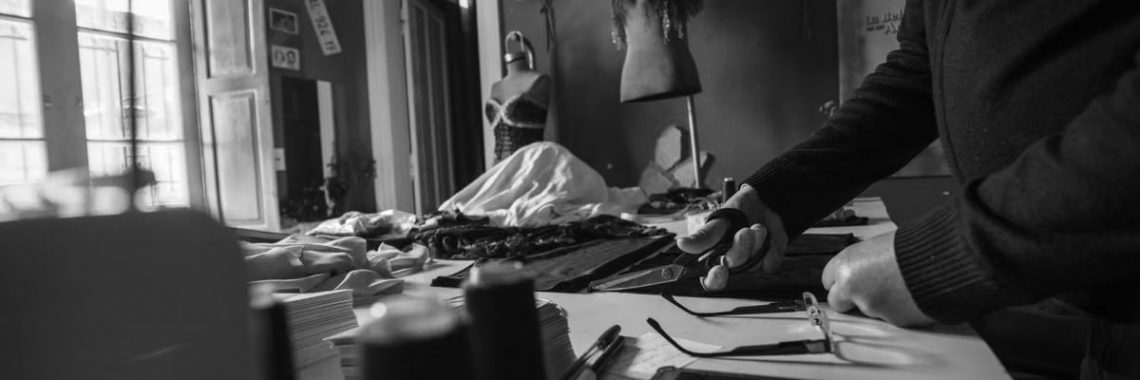 A black and white image capturing a seamstress working in a vintage workshop with tools.